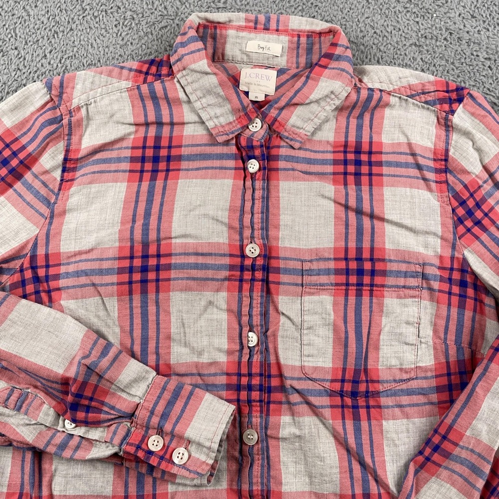 J Crew Shirt Womens Small Pink Blue Plaid Boy Fit Button Down Long Sleeve Casual